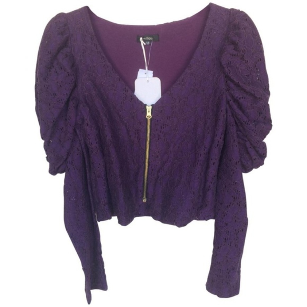 NWT Millau Eggplant Lace Puff Sleeve Zip Up Jacket